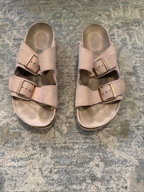 Birkenstock Two-Buckle Slide Sandals in Blush Tan